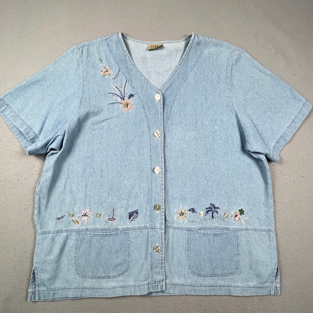 Teddi Denim Shirt Womens XL Blue Embroidered Floral Sailboat Coastal Grandma Top